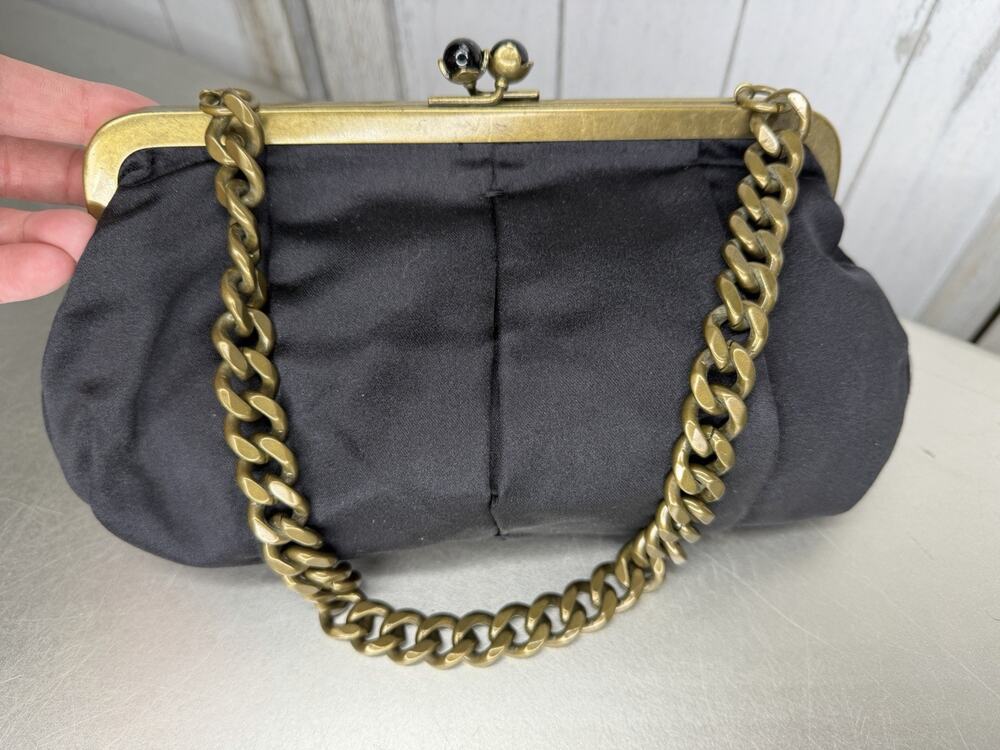 JCrew Satin Clutch Black Bag Brass Chain Kiss Lock Floral Clasp Handbag